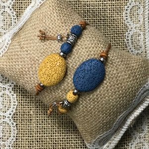 Leather and volcanic rocks bracelets set of 2